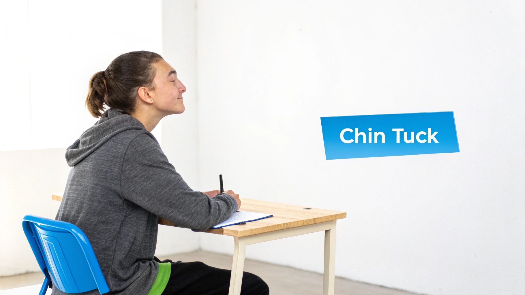 Side view of a person performing a chin tuck exercise while sitting at a desk.