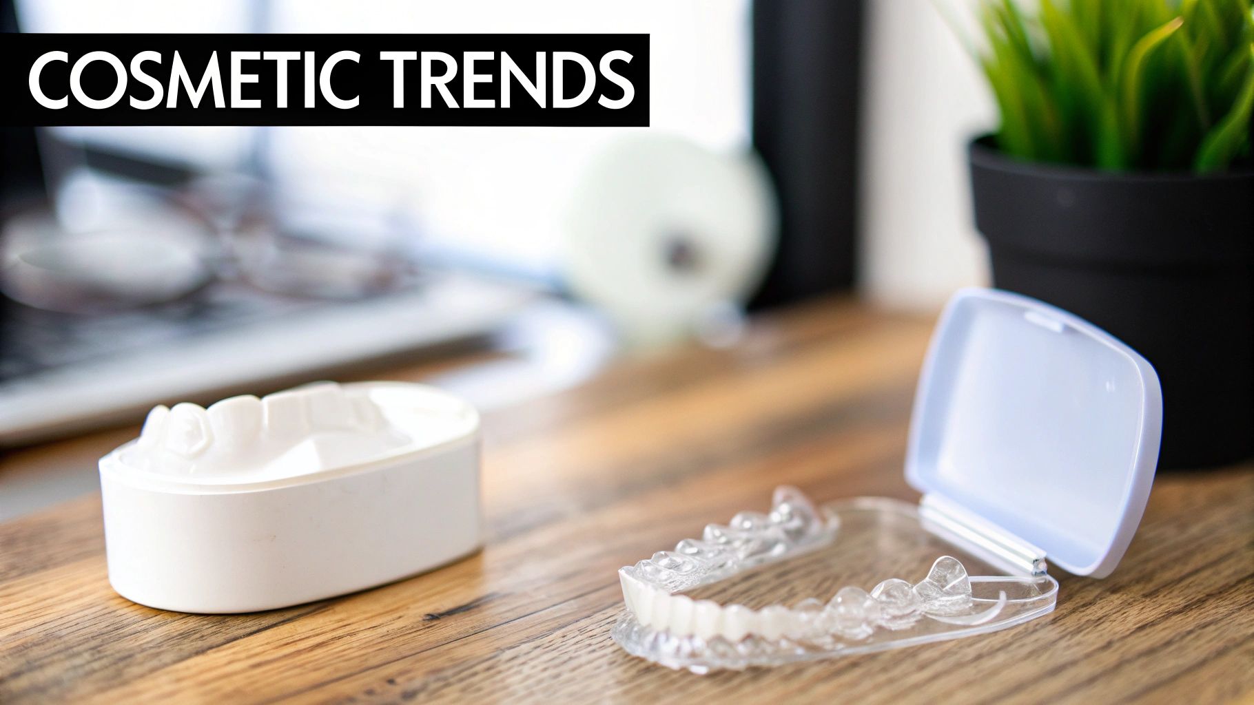 Clear aligners and a dental model on a wooden desk with 'COSMETIC TRENDS' text.