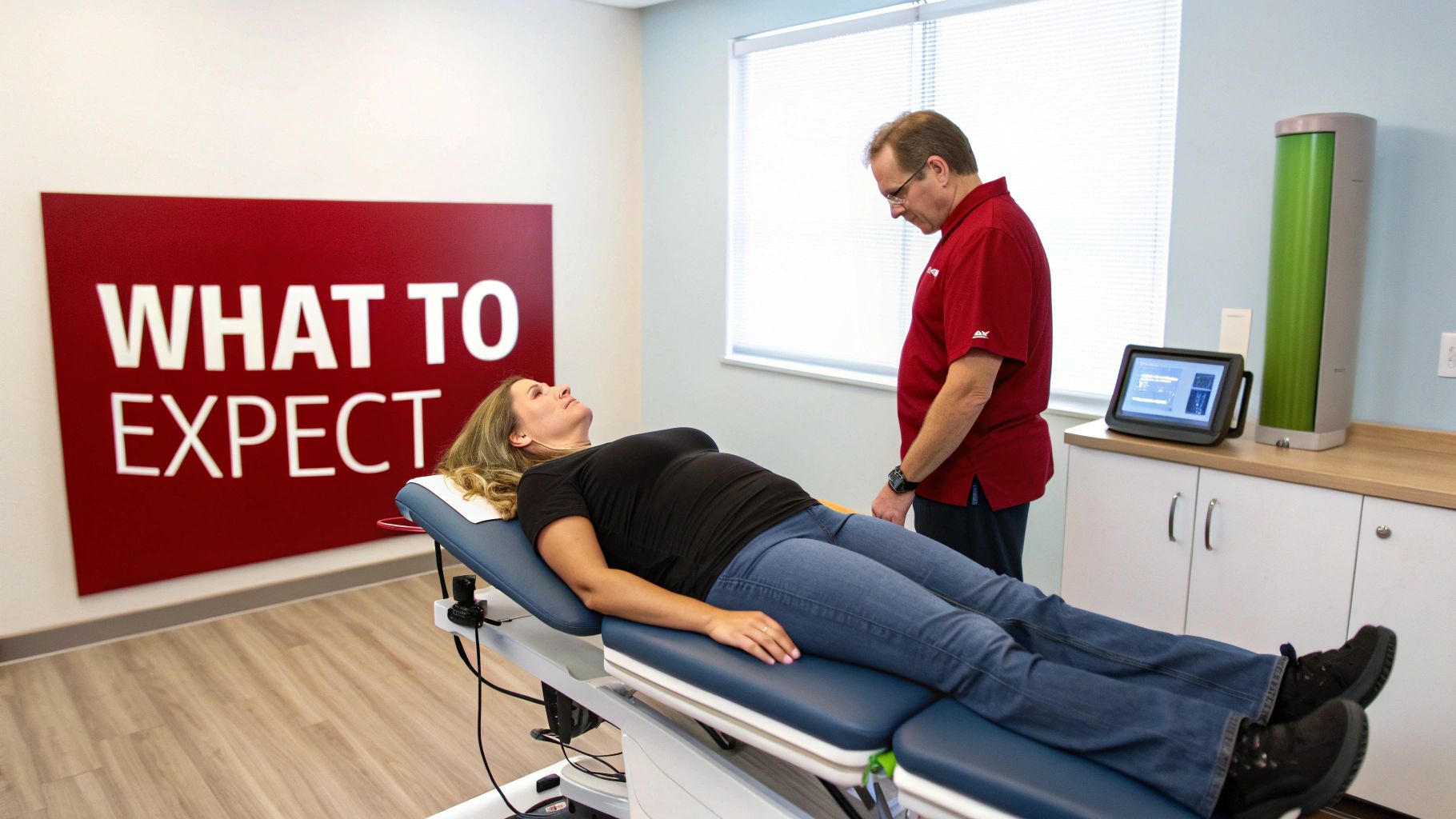 A doctor consults with a patient lying on an examination table in a modern therapy clinic.