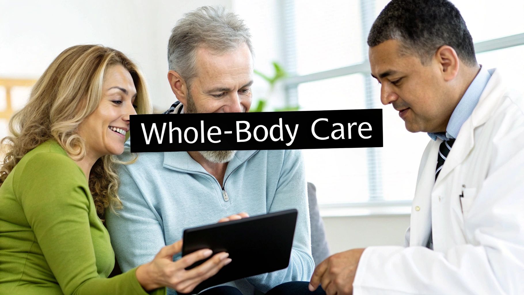 A couple and a doctor reviewing health information on a tablet, emphasizing whole-body care.
