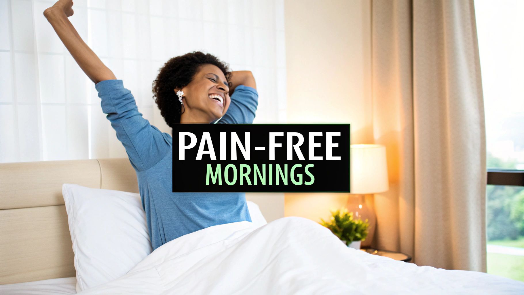 A joyful woman with dark curly hair stretching in bed, smiling wide, with "PAIN-FREE MORNINGS" on a black banner.