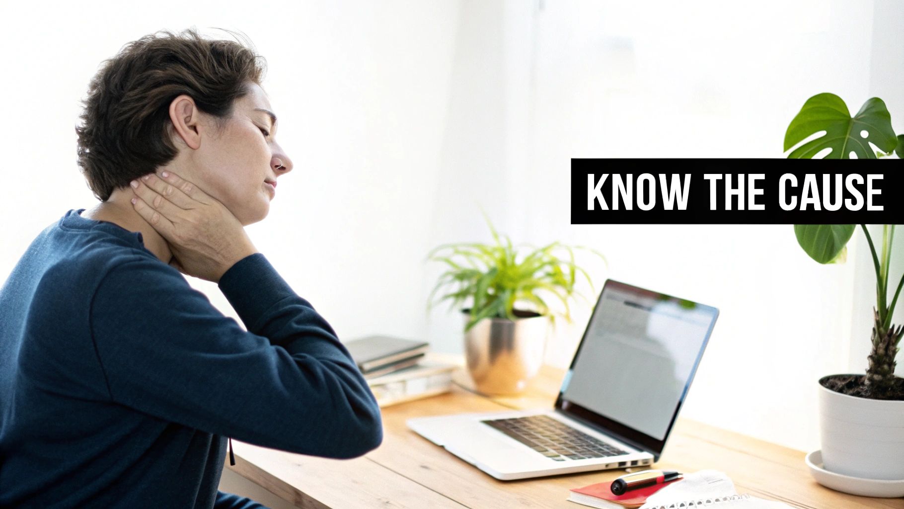 A person holding their neck in pain while sitting at a desk with a laptop.