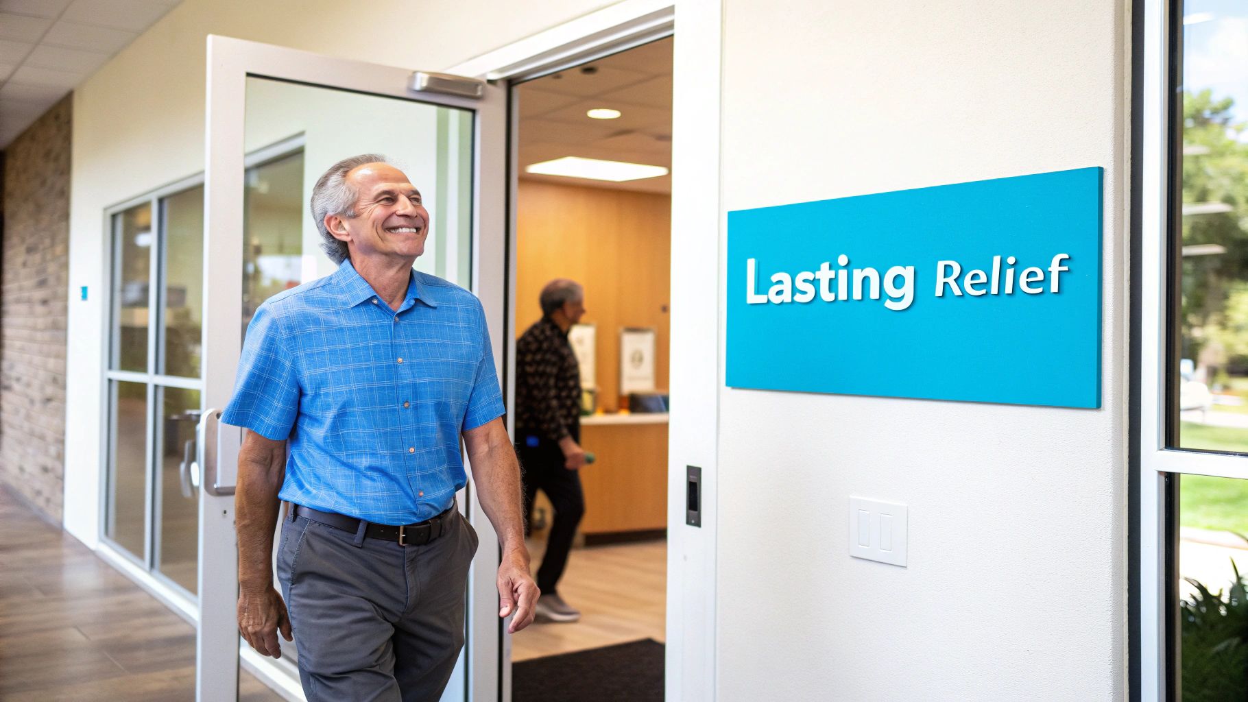 A smiling senior man walks confidently out of a treatment center door with a "Lasting Relief" sign.