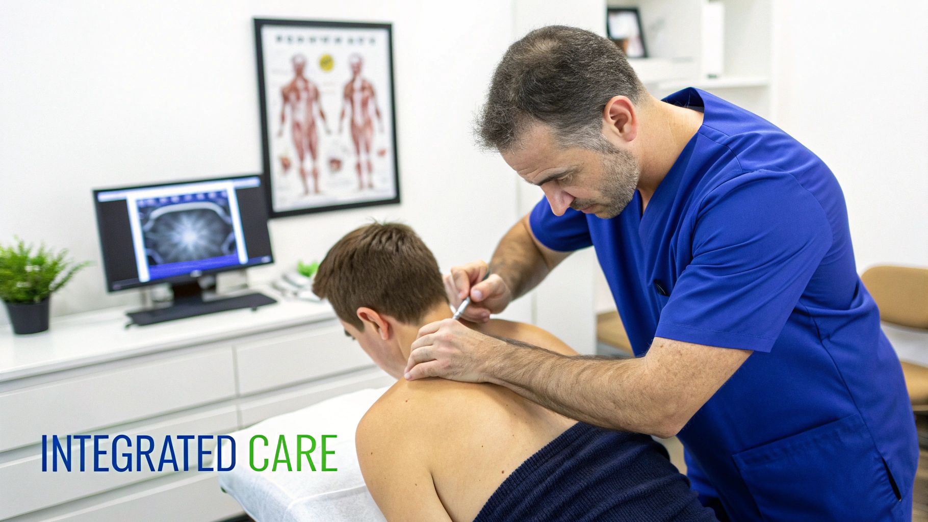 A male therapist performs dry needling on a male patient's upper back in a clinic setting.