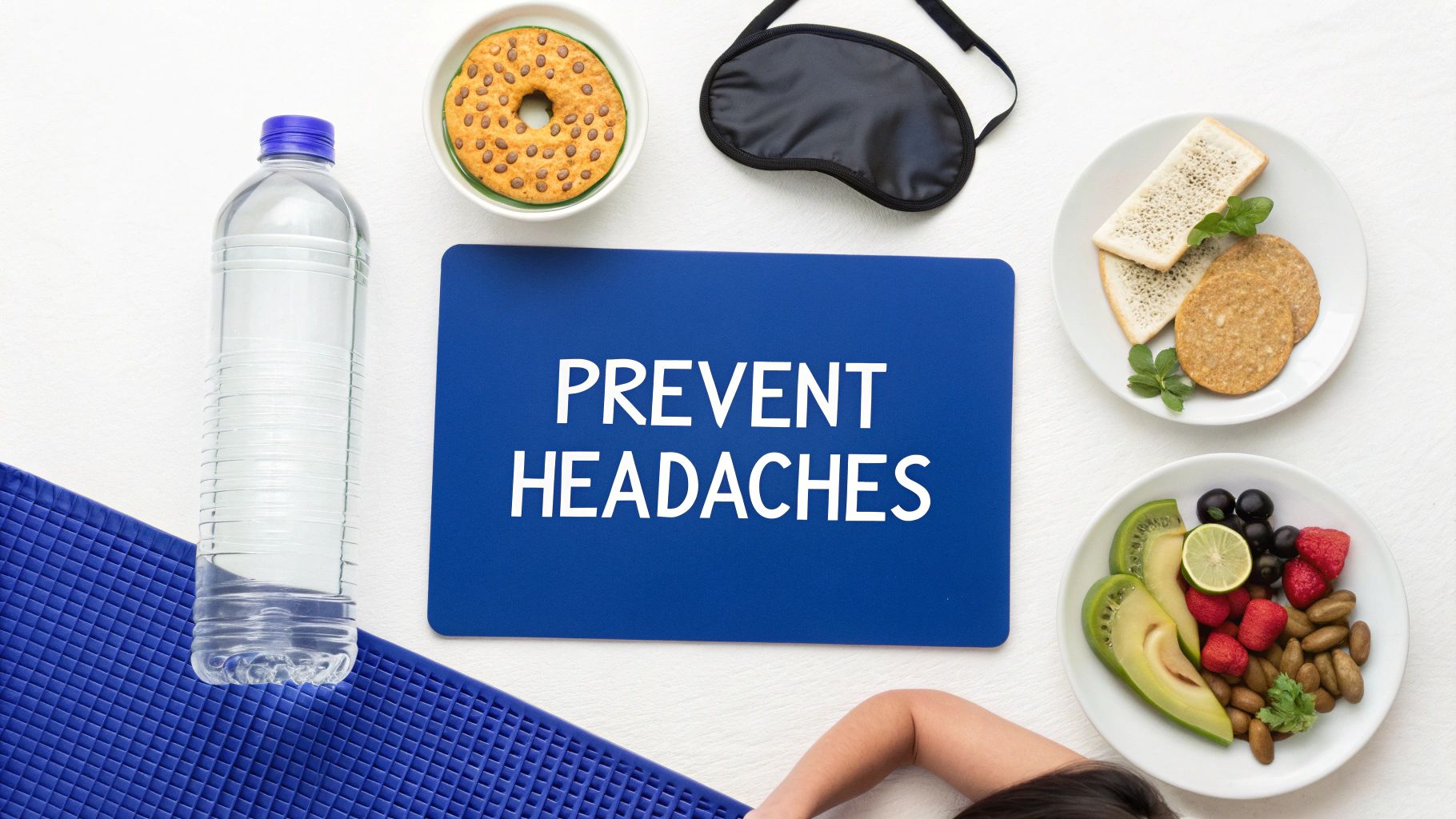 A wellness flat lay featuring healthy food, water, a sleep mask, and a sign saying 'PREVENT HEADACHES'.