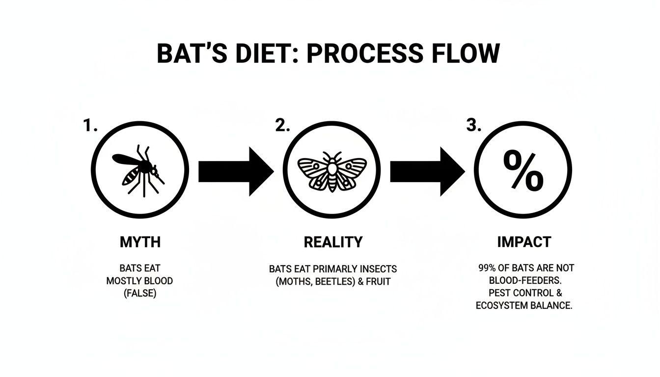 Infographic dispelling bat diet myths, showing bats primarily eat insects and fruit, aiding pest control.