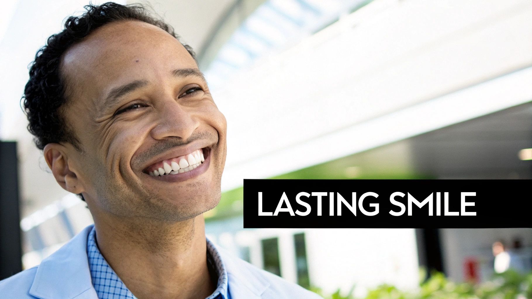 A man with dark curly hair smiles broadly, showing his white teeth, with text "LASTING SMILE".