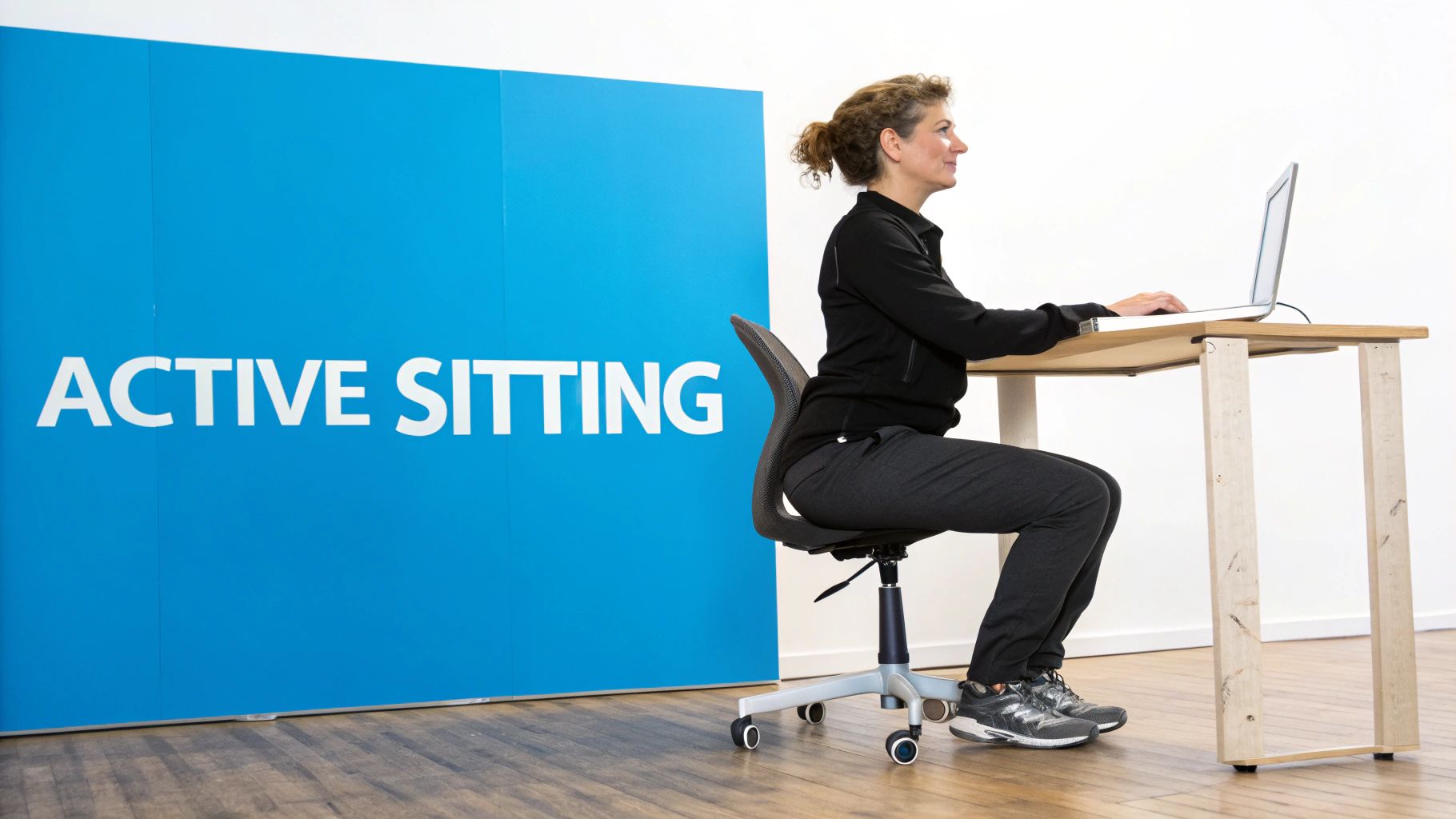 A woman sits at a wooden desk, actively working on a laptop with good posture.