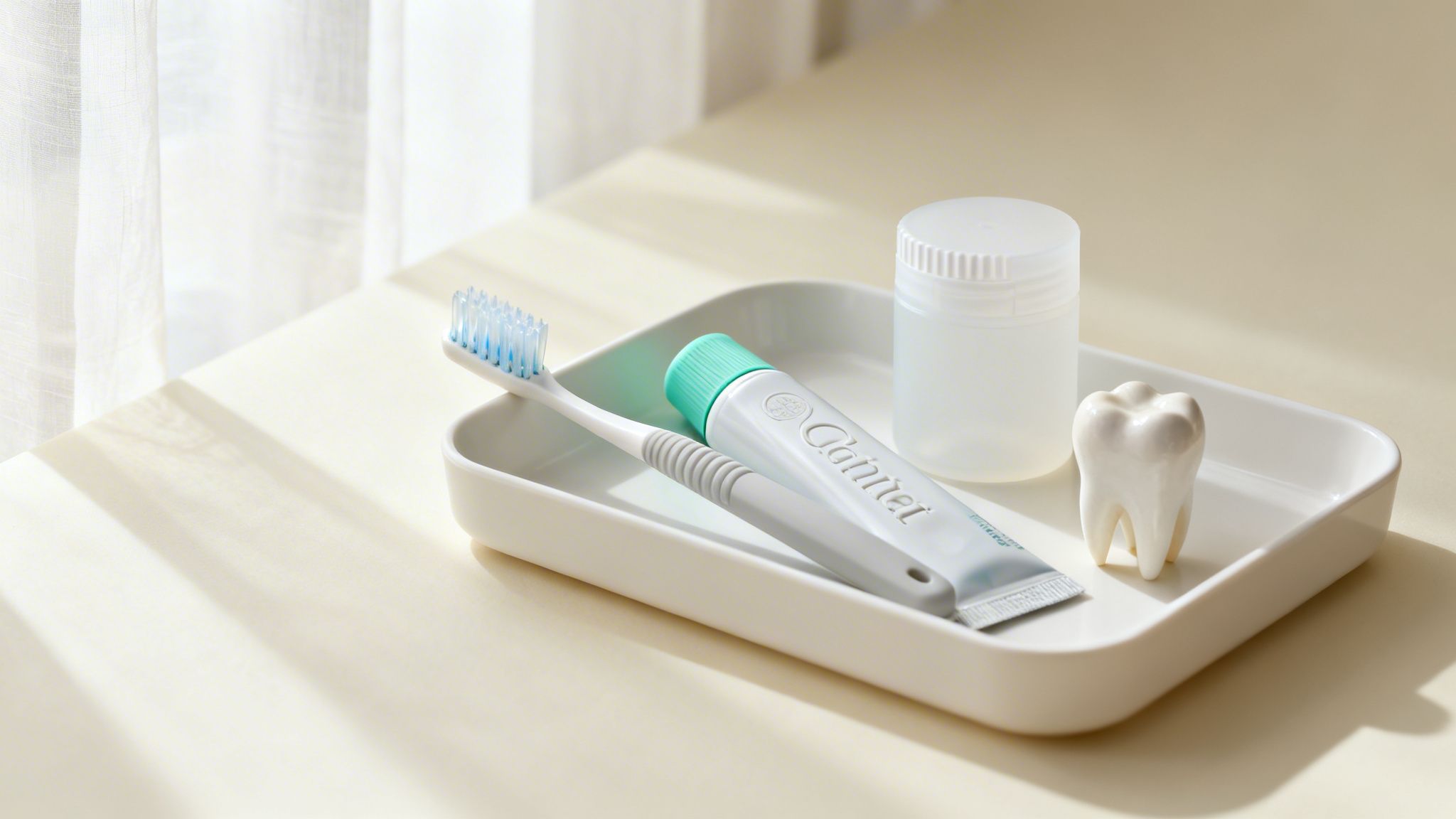 Oral hygiene products: toothbrush, toothpaste, and a ceramic tooth model on a white tray.