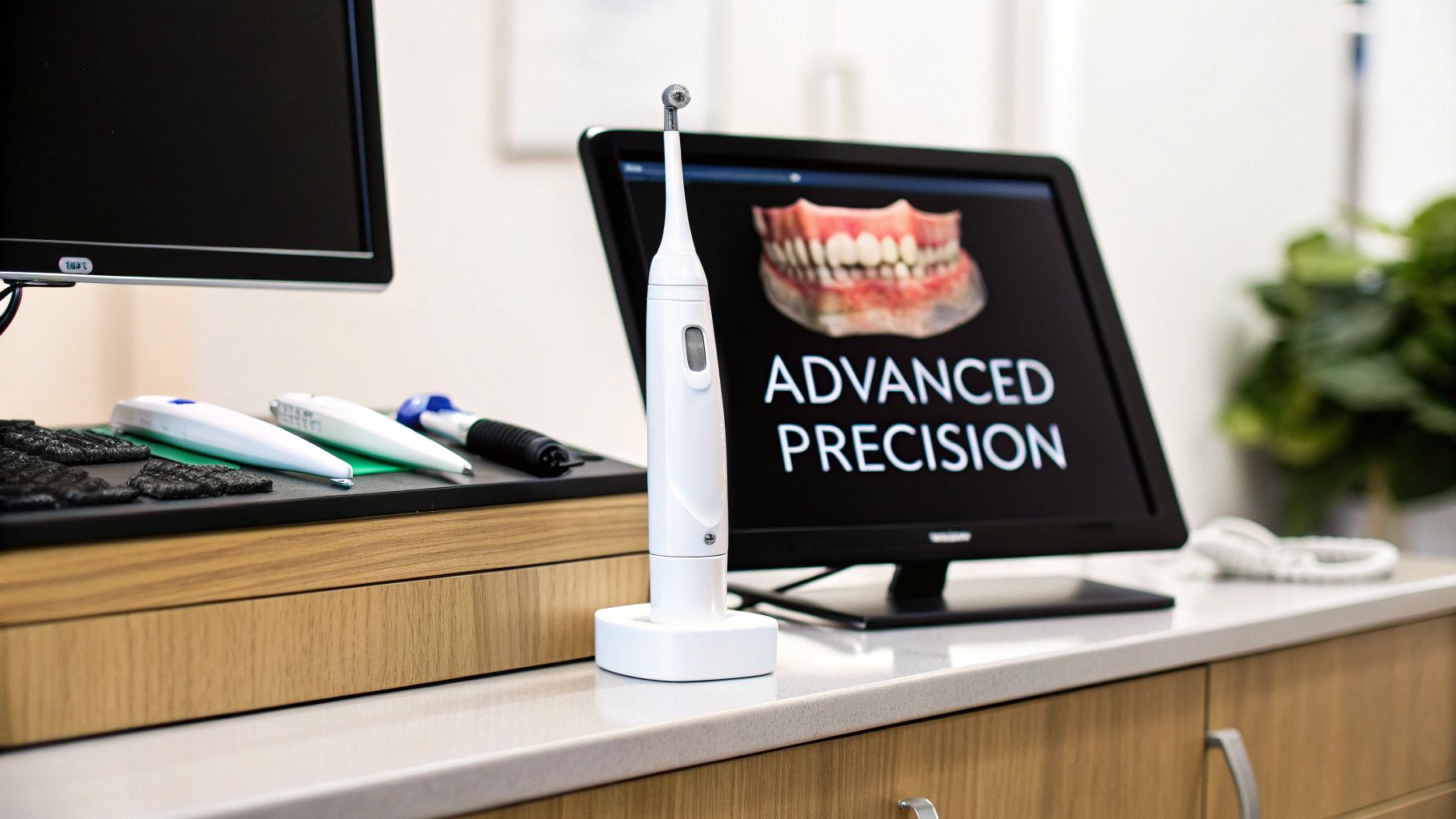 Modern dental office with an intraoral scanner on a counter, displaying teeth on a monitor.