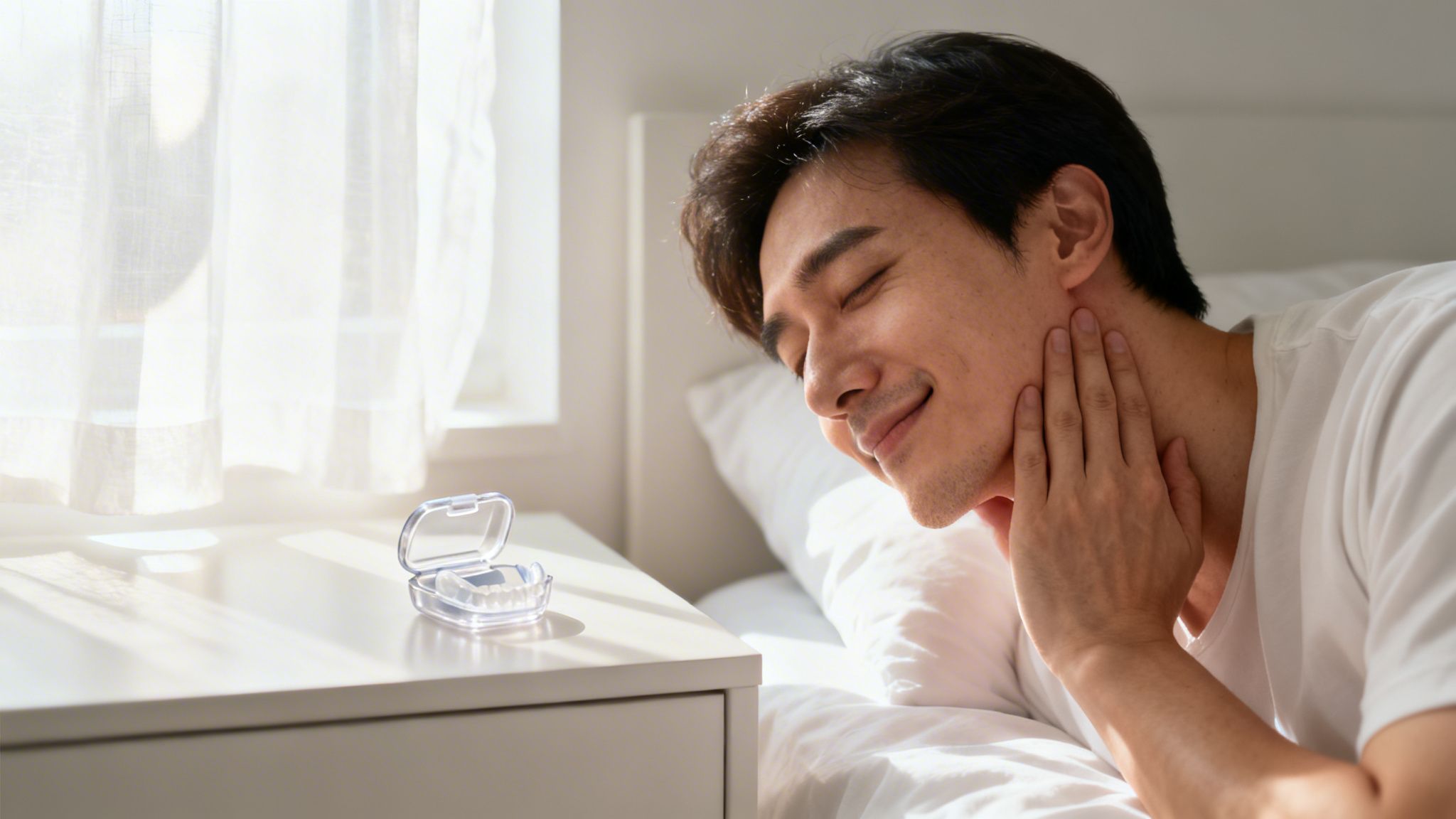 Charles E. Boren | Dentist Near Me in Bellaire, TX: How to Stop Grinding Your Teeth Happy man in bed gently touches his jaw, next to a clear case with a dental guard.