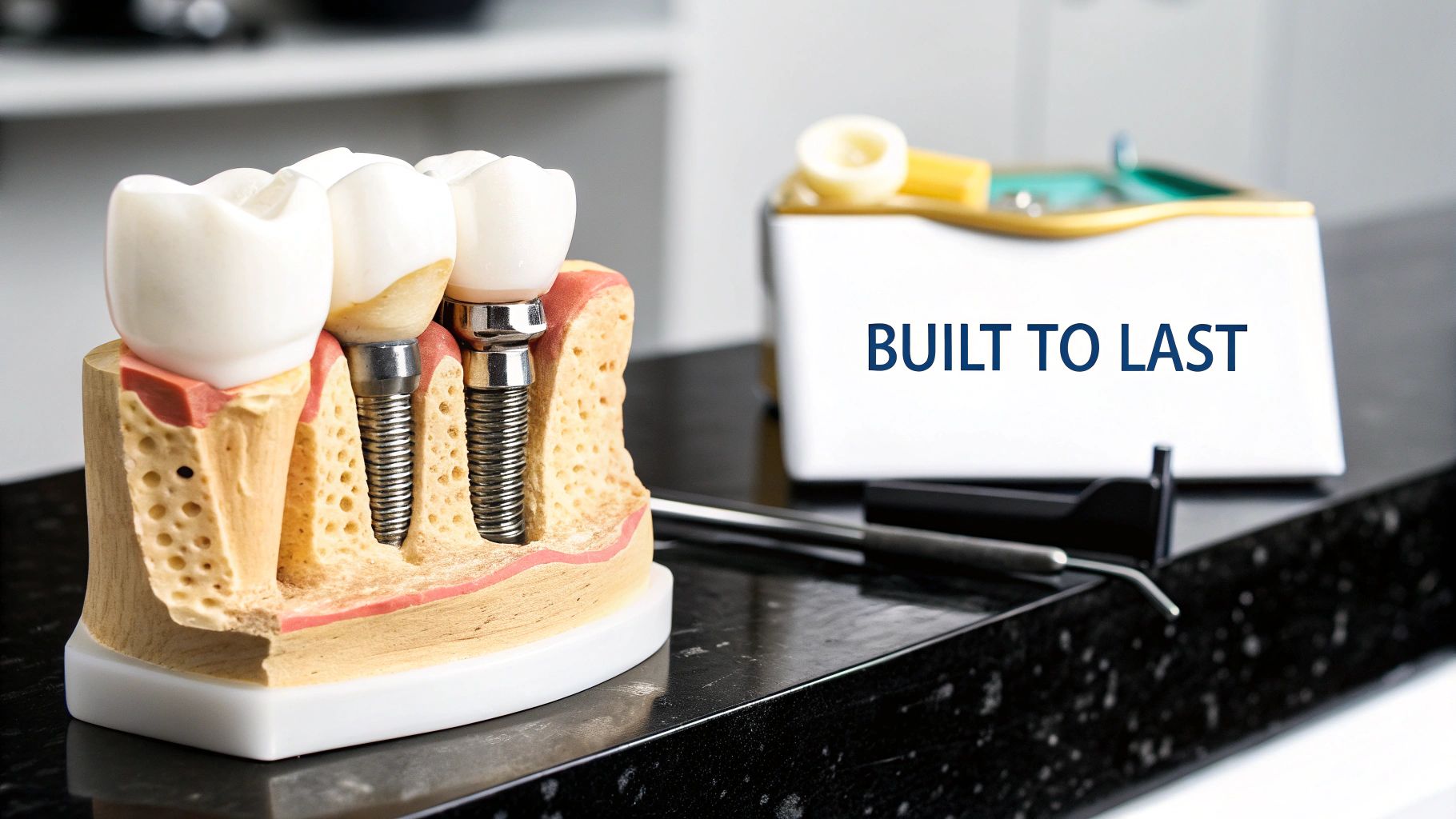 A detailed cross-section model of dental implants in a jawbone, with dental tools and a sign saying 'BUILT TO LAST'.