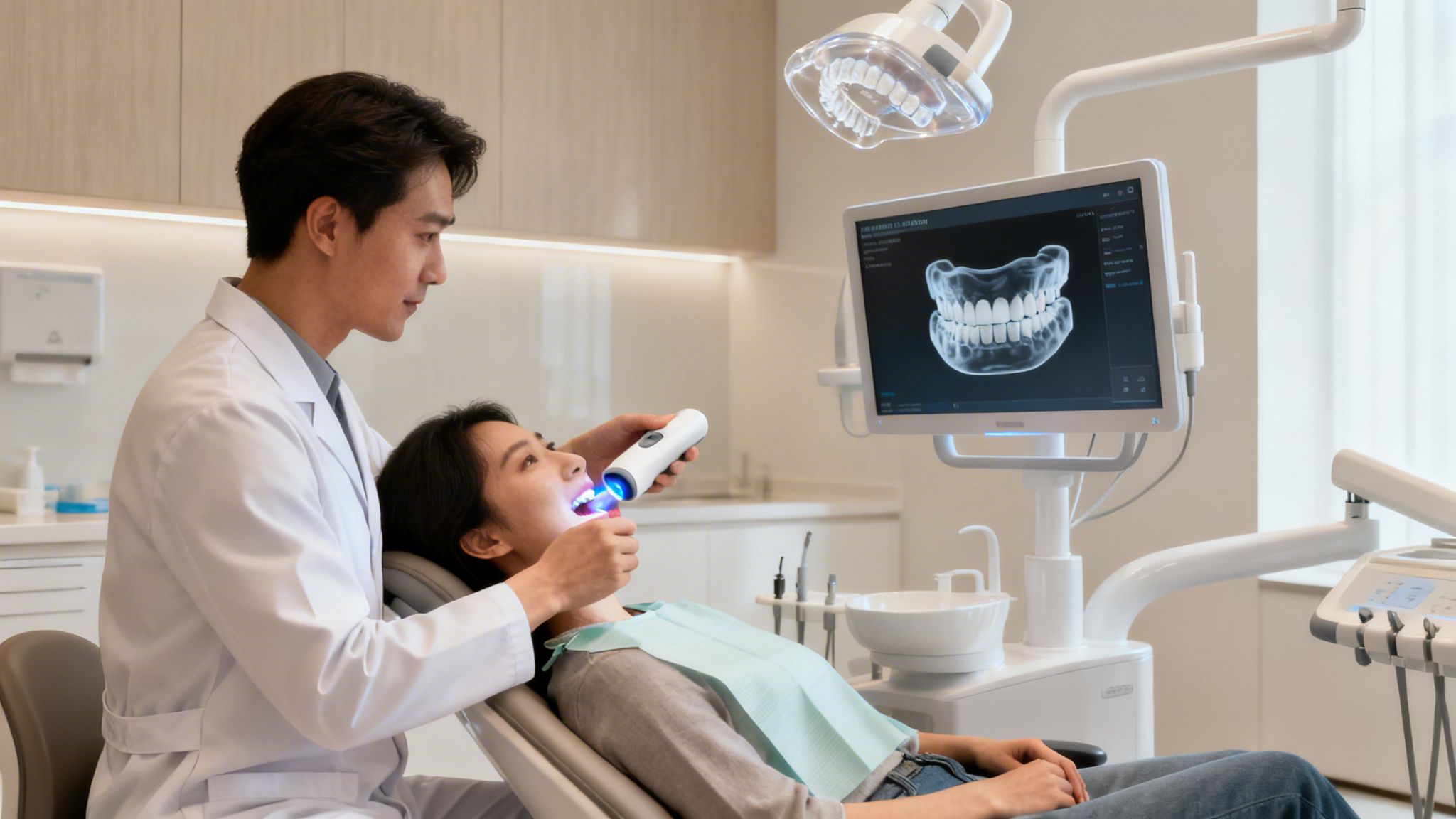 Charles E. Boren | Dentist Near Me in Bellaire, TX: How to Stop Grinding Your Teeth A male dentist uses a dental scanner with blue light on a female patient's teeth, displaying a digital dental model on a screen.
