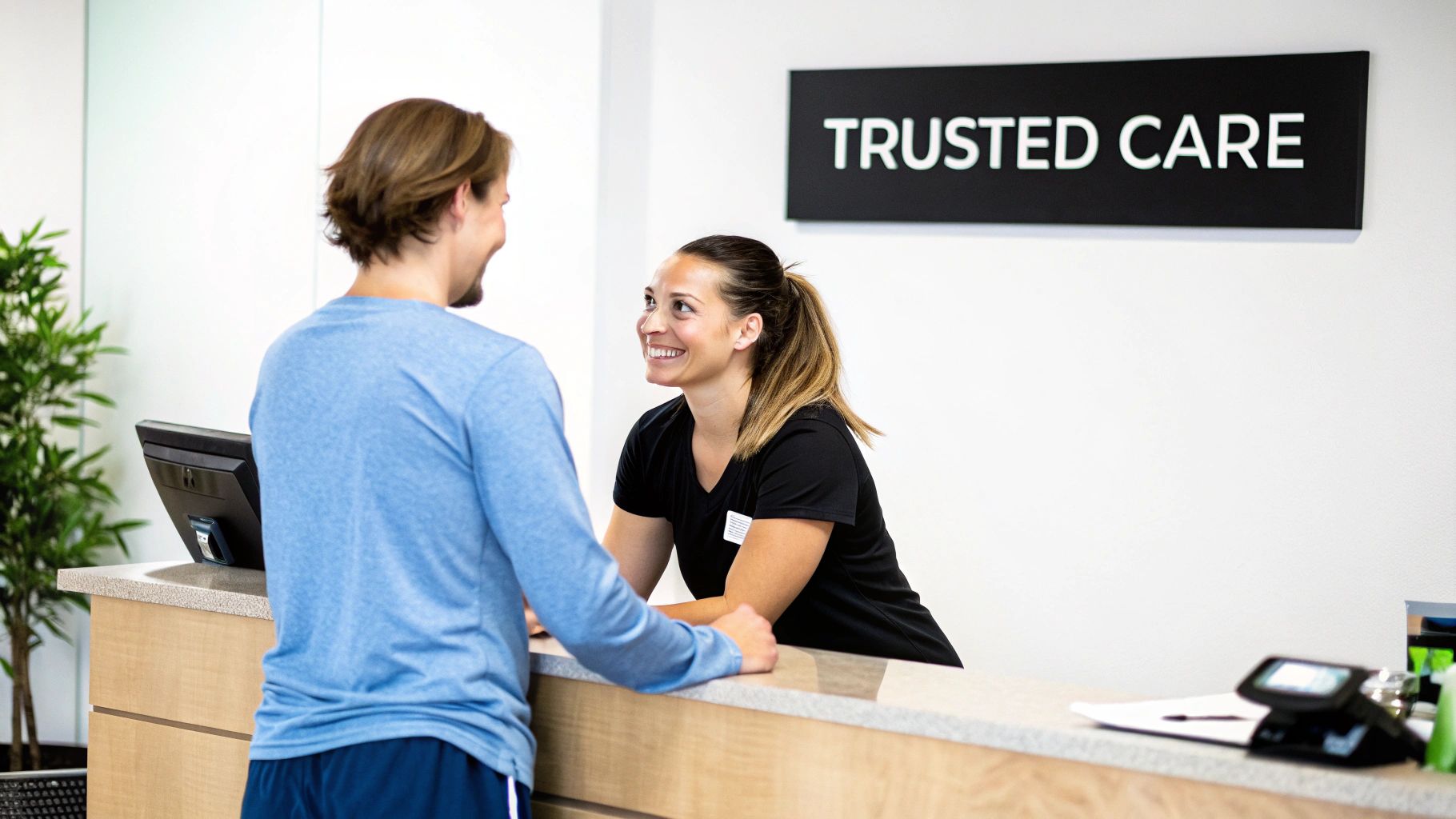 A cheerful woman at a reception desk smiles at a man checking in.