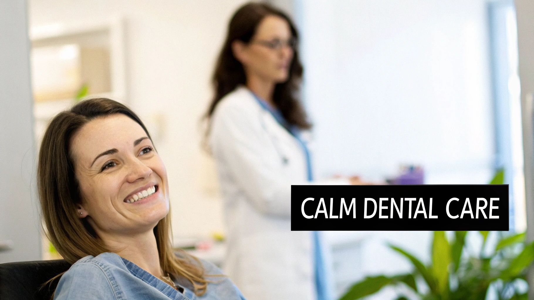 A smiling female patient looking happy and relaxed in a modern dental office, with a blurred dentist in the background.