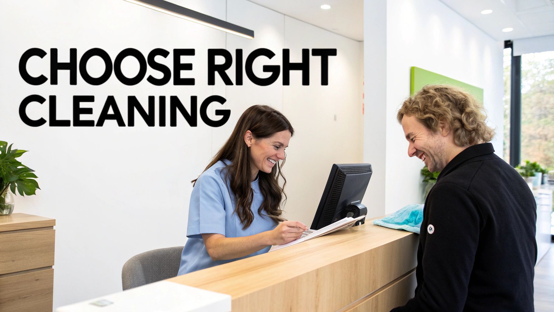 A smiling dental professional assists a happy patient at a bright, modern reception desk, under 'CHOOSE RIGHT CLEANING' text.