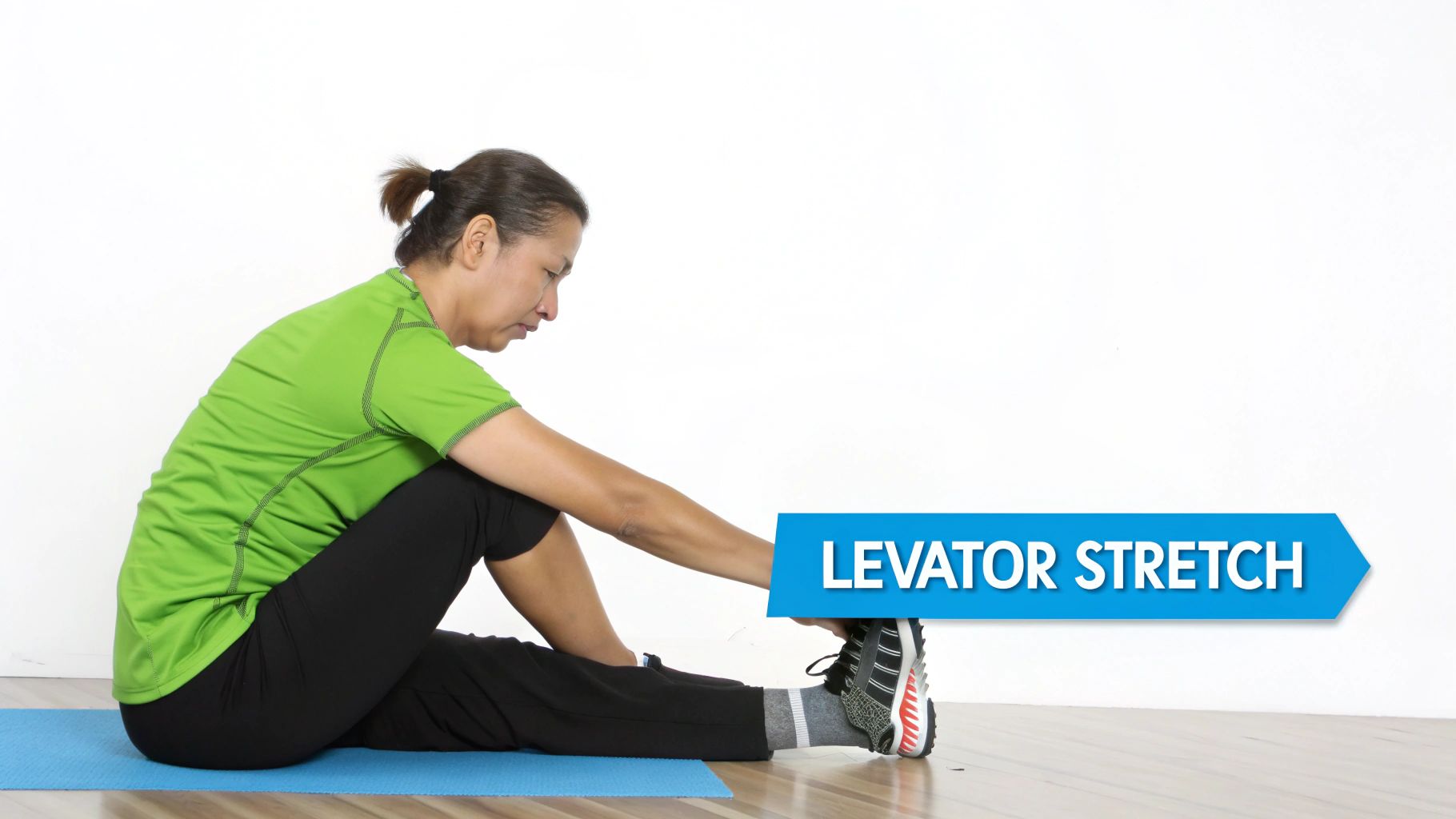 A woman demonstrating a seated levator stretch exercise on a blue mat.