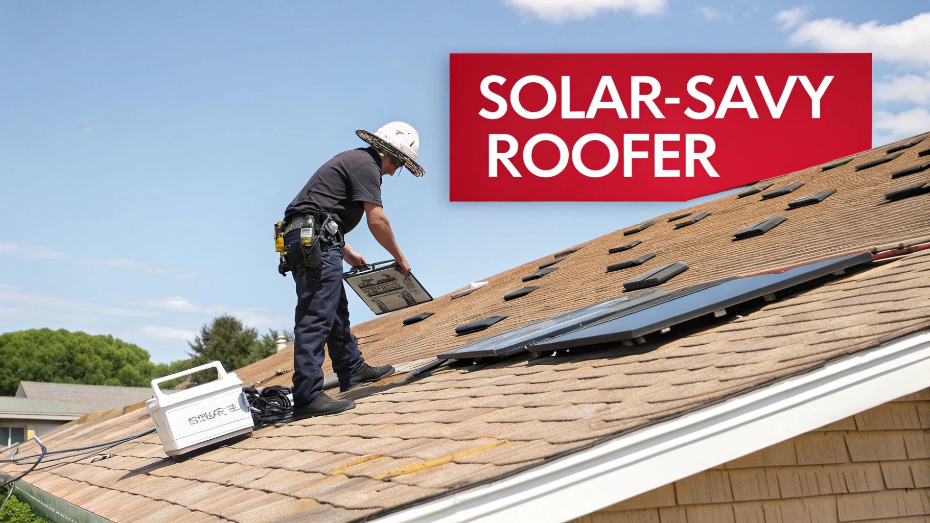 A solar-savvy roofer installs new solar panels on a brown shingle roof under a clear blue sky.