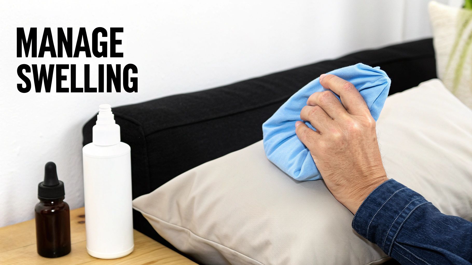 A hand applies a blue cold compress to a pillow, with bottles nearby, illustrating how to manage swelling.