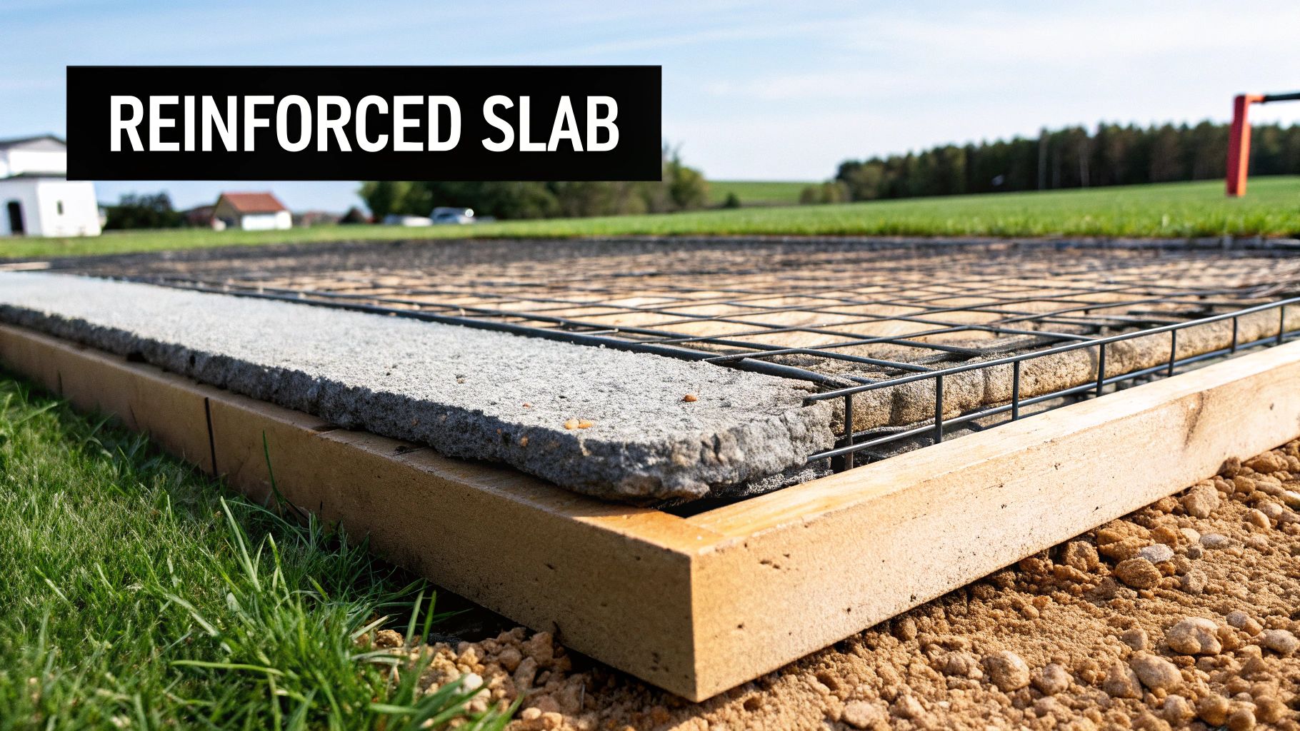 Building the Perfect Concrete Pad Shed Foundation in Pennsylvania & Maryland 3 Construction of a reinforced concrete slab, showing rebar, aggregate, and wooden formwork.