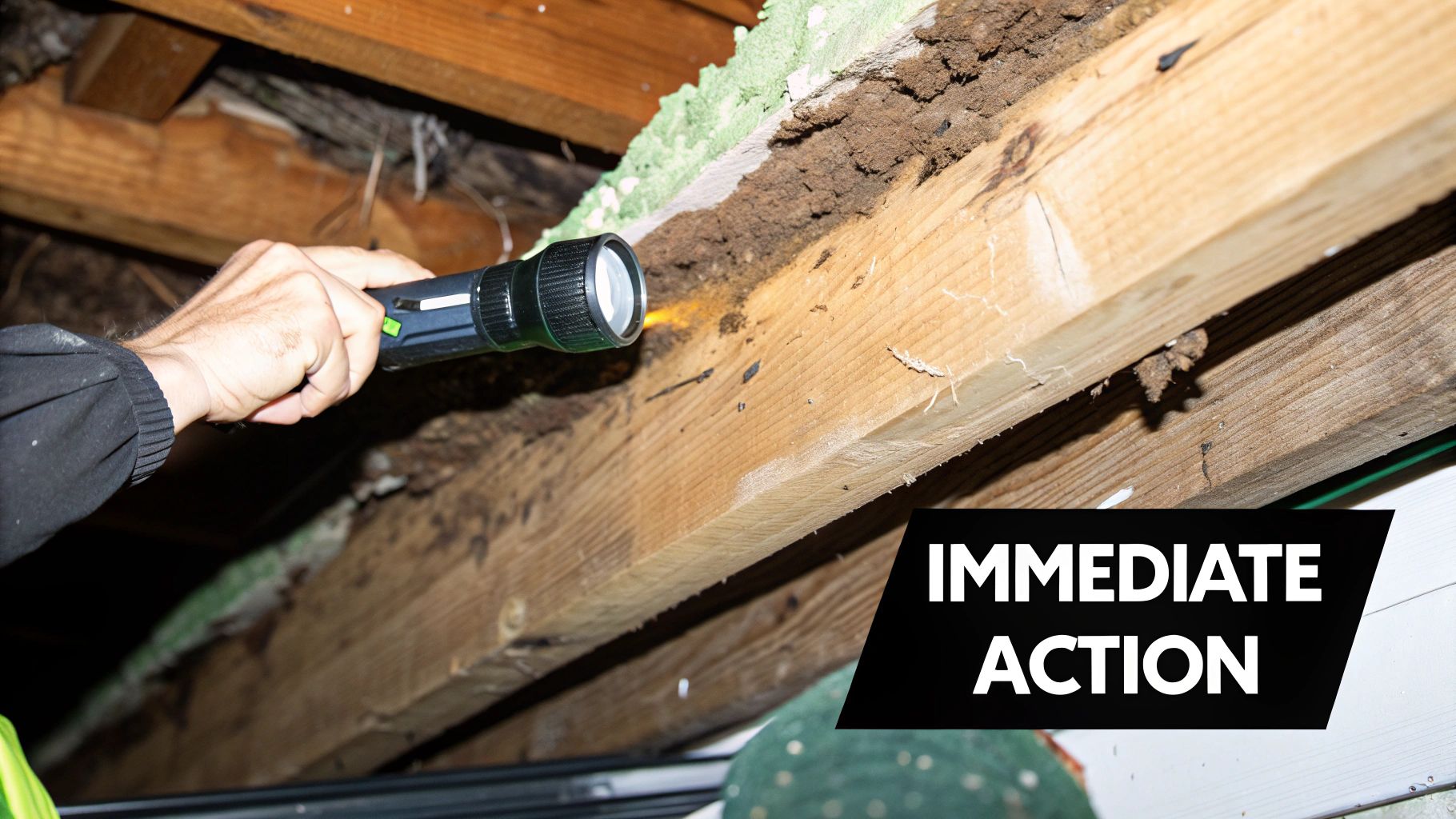 A person inspects a wooden beam with a flashlight, revealing potential termite damage and mud tubes.