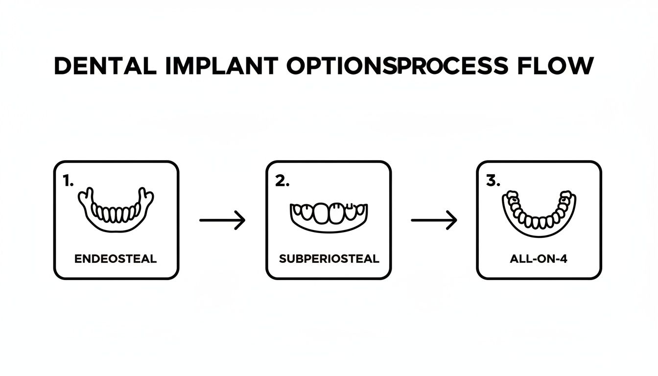 Flowchart illustrating three dental implant options: Endosteal, Subperiosteal, and All-on-4 with icons.