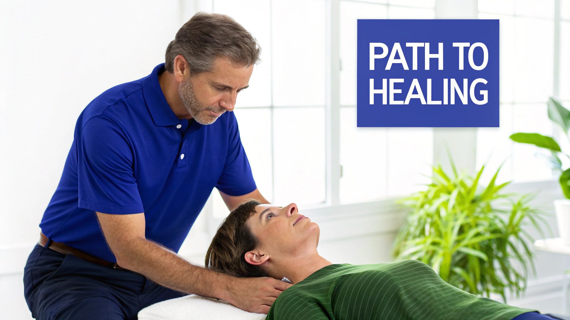 A male therapist performs a neck adjustment on a female patient, with a 'Path to Healing' sign.