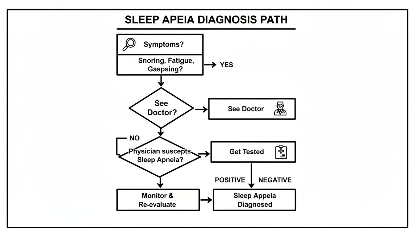 Flowchart detailing the diagnosis process for sleep apnea, beginning with symptoms and leading to testing.