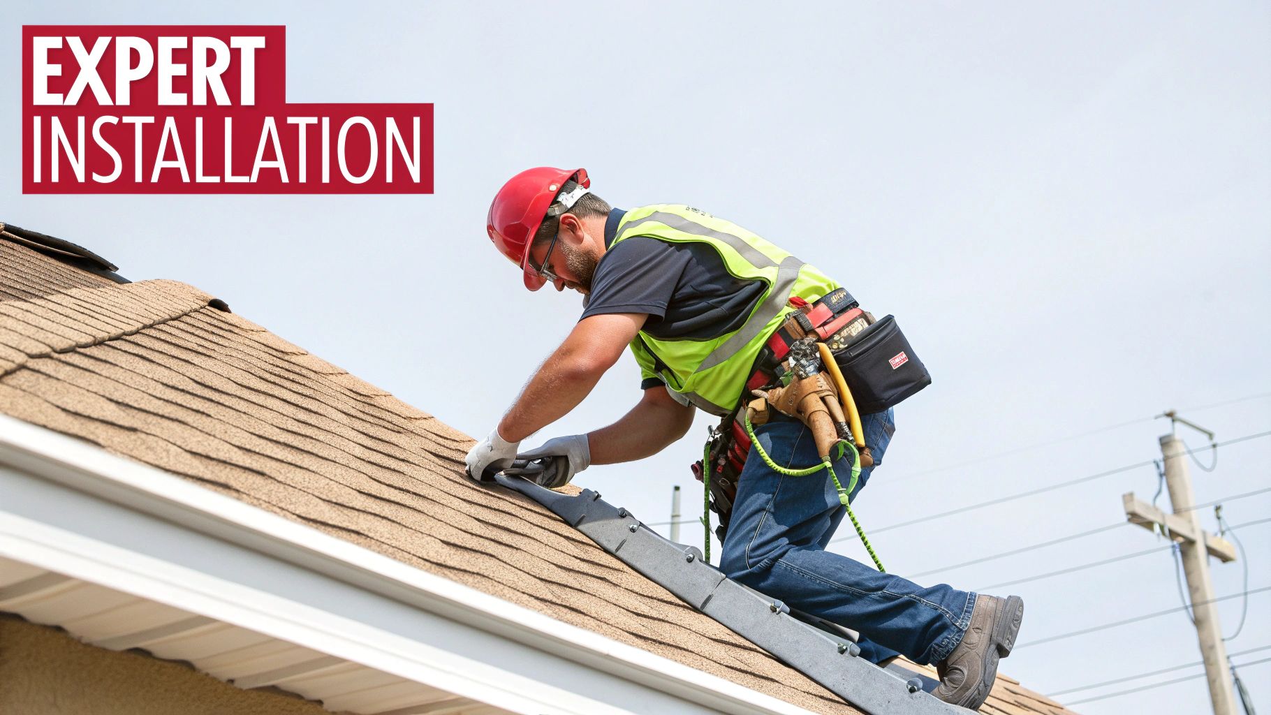 A roofer wearing safety gear and a hard hat expertly installs shingles on a residential roof.