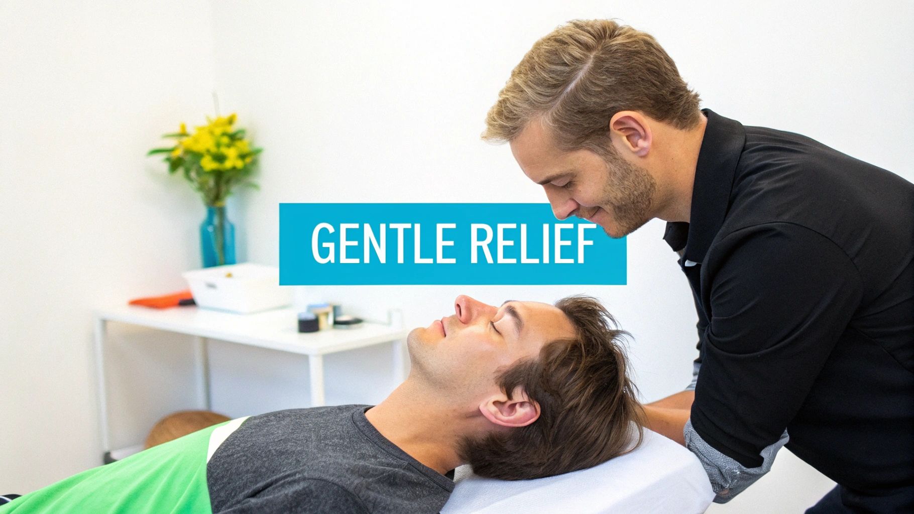 A practitioner provides gentle neck treatment to a patient lying down for relief, with 'GENTLE RELIEF' text.
