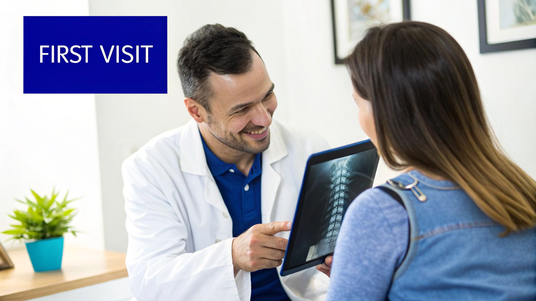 A smiling chiropractor shows a spine X-ray on a tablet to a patient during their first visit.
