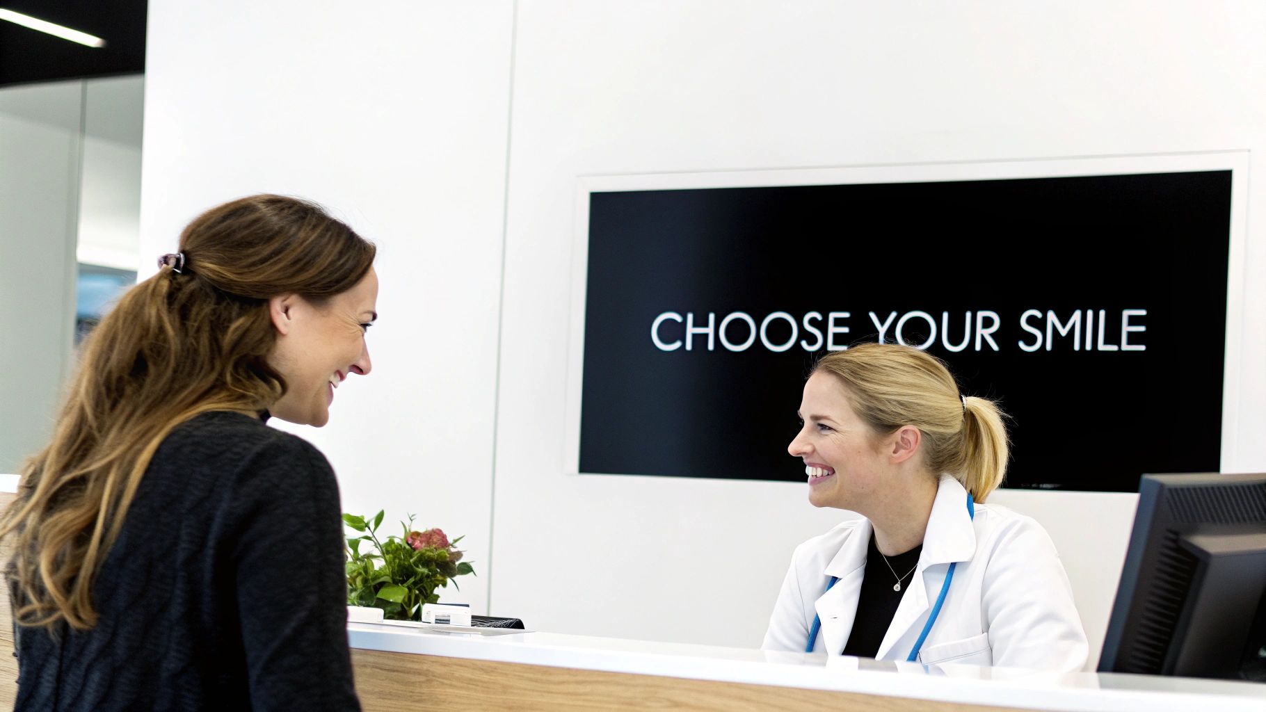 Two smiling women interact at a modern dental clinic reception with a "CHOOSE YOUR SMILE" screen.