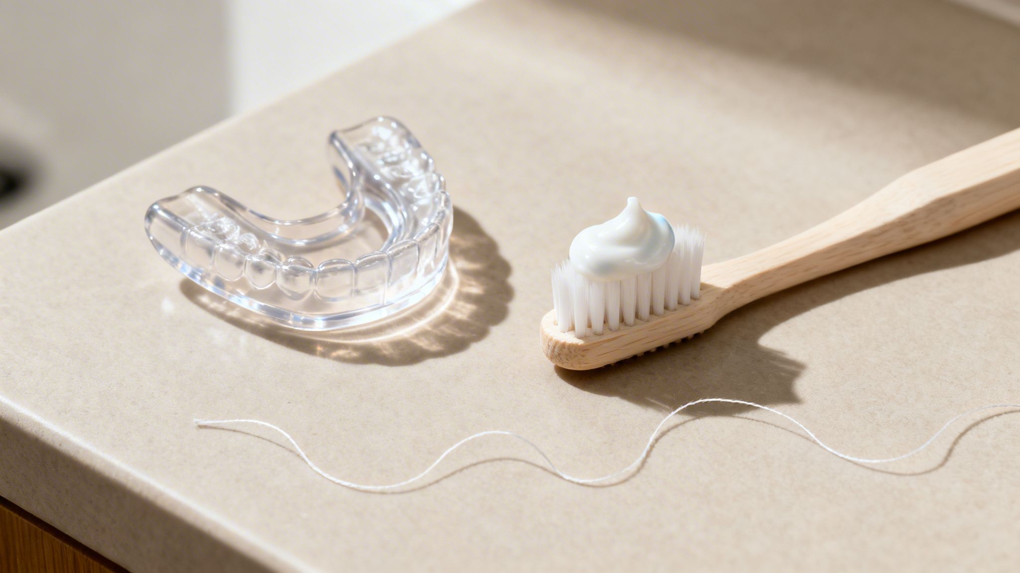 Dental care essentials: a clear aligner, wooden toothbrush with toothpaste, and dental floss on a counter.
