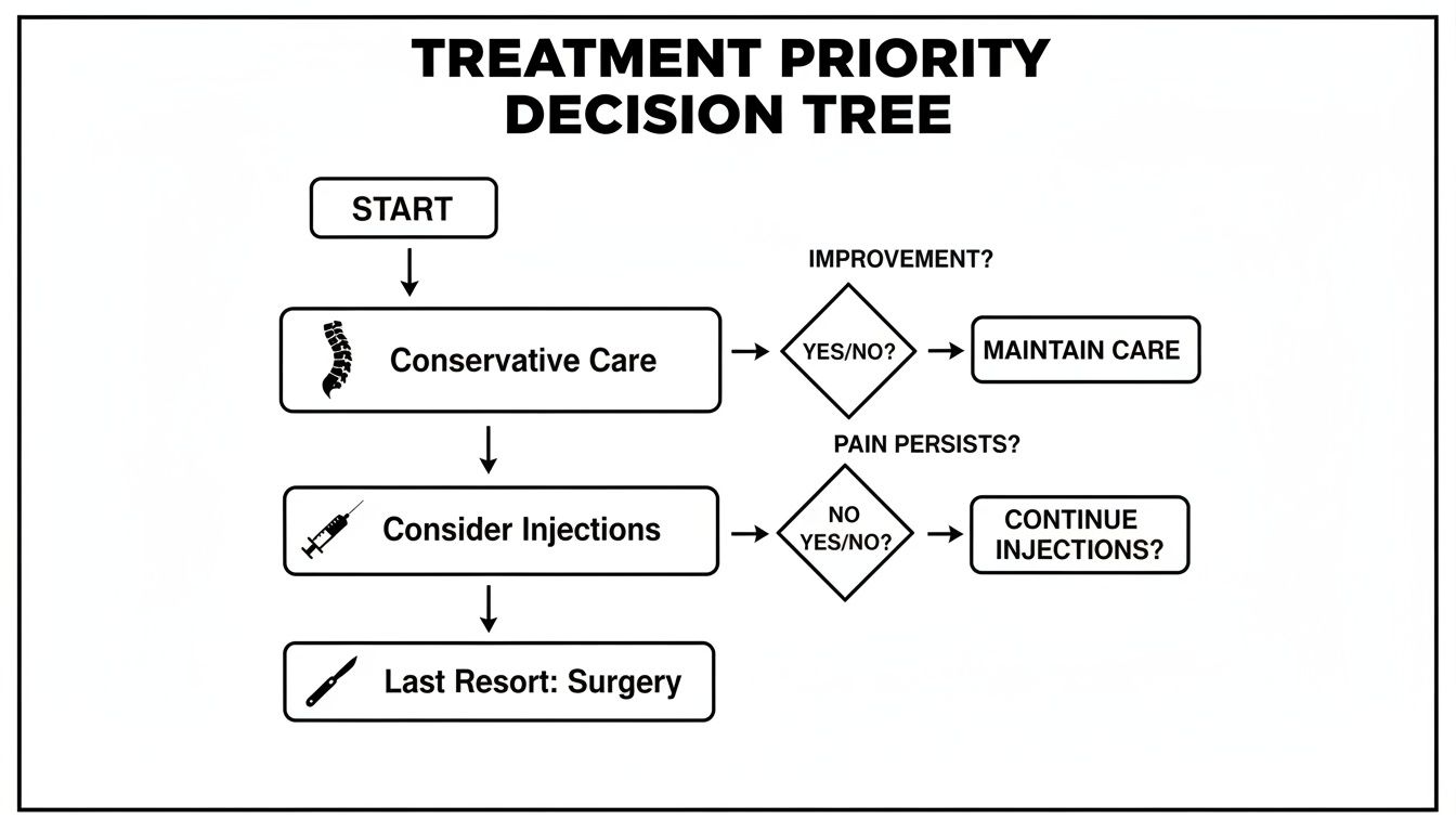 Decision tree outlining treatment priority for conditions, starting with conservative care, then injections, and finally surgery.