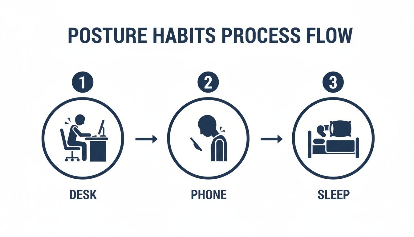 An infographic illustrating a three-step posture habits process flow: desk work, phone use, and sleep.