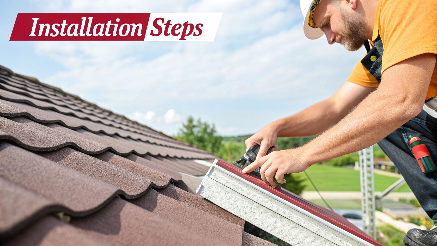 Professional roofer installing new stone-coated metal roof tiles on a sunny day.
