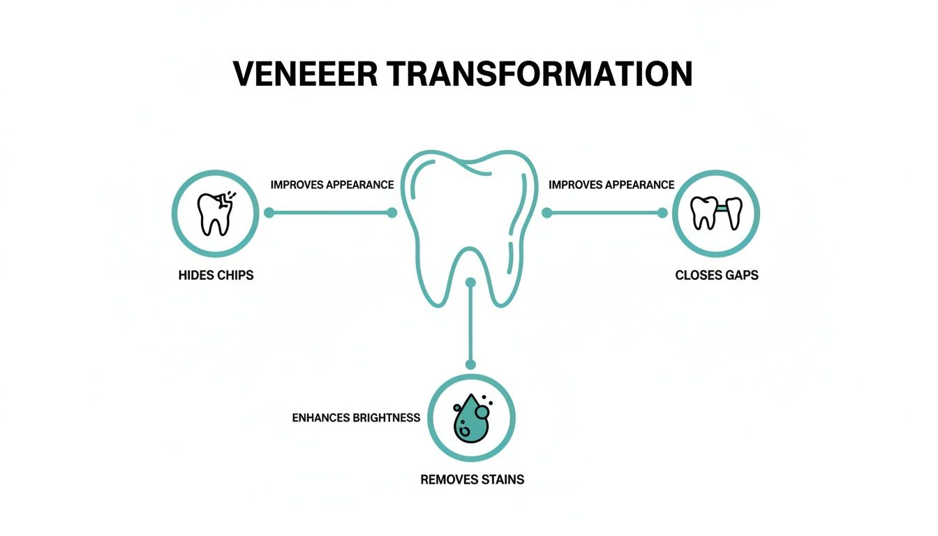 Diagram illustrating veneer transformation benefits: hiding chips, closing gaps between teeth, and removing stains.