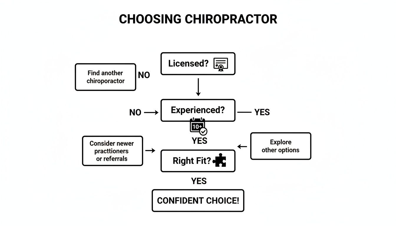 Flowchart illustrating the decision-making process for choosing a chiropractor, covering licensing, experience, and personal fit.