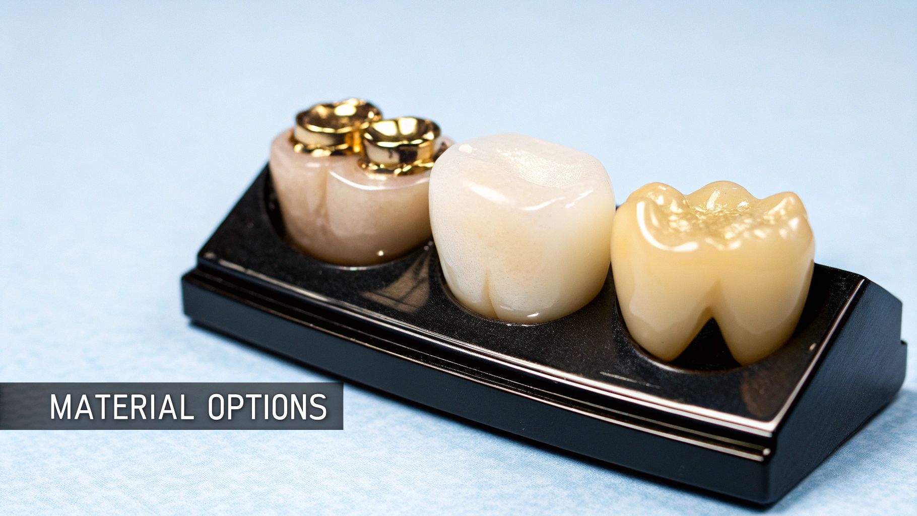 Three distinct dental restoration material options displayed: gold-capped, white ceramic, and natural-colored tooth models.