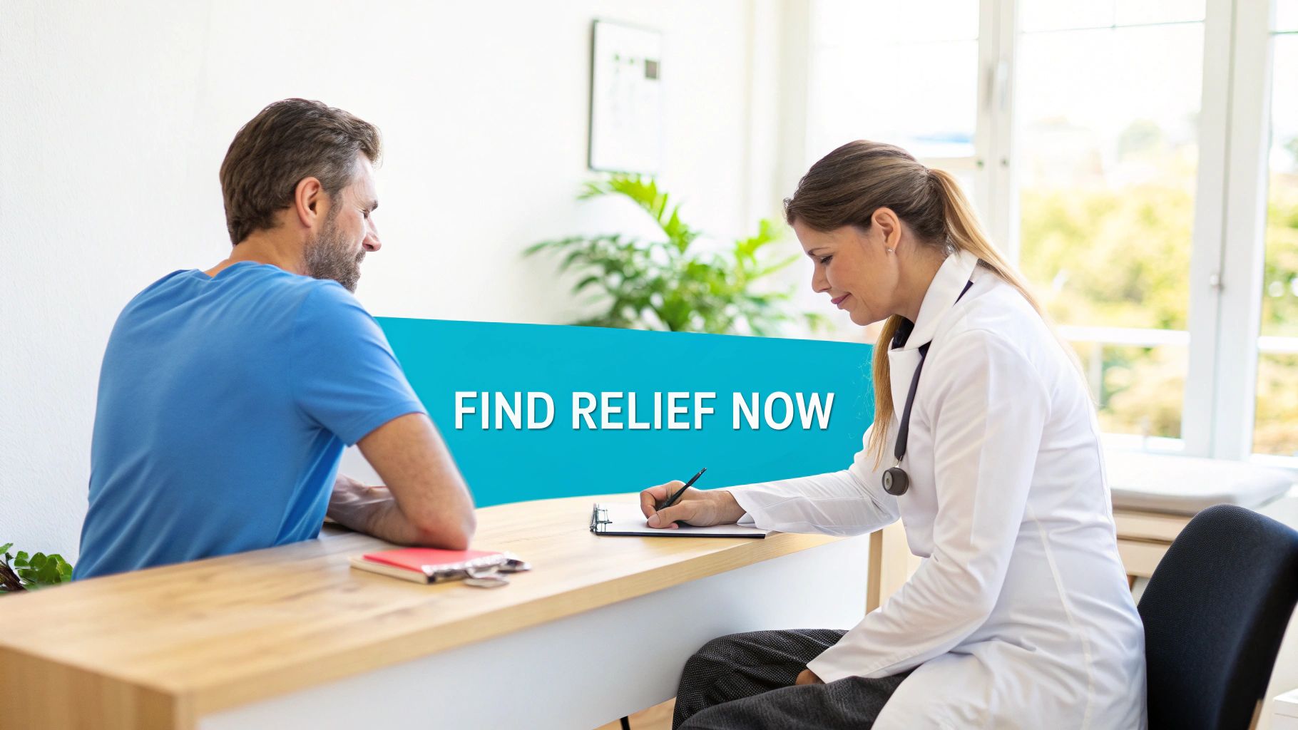 A doctor consults with a male patient in a bright clinic room, with "FIND RELIEF NOW" text.