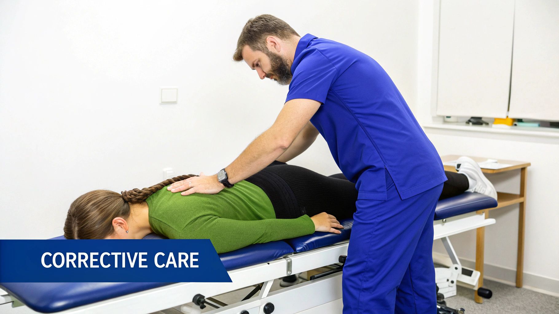 A male chiropractor provides a back adjustment to a female patient lying on a treatment table.
