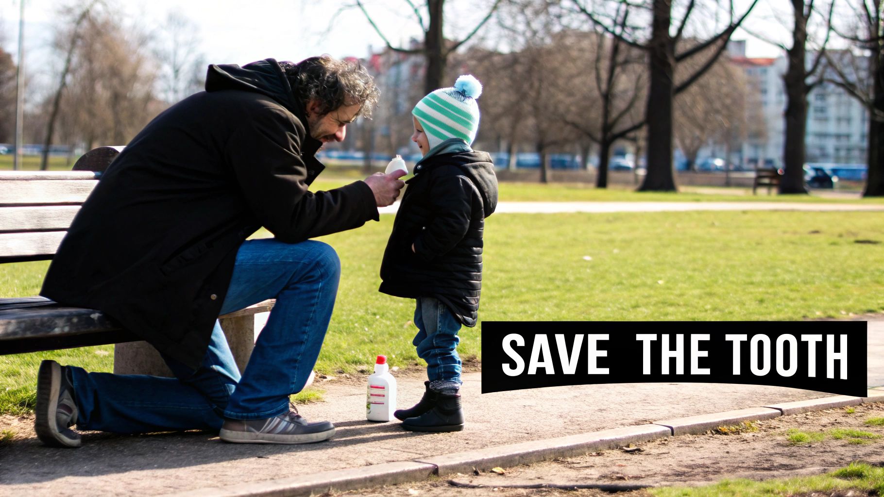 A man provides care to a young child in a park, hinting at tooth first aid.