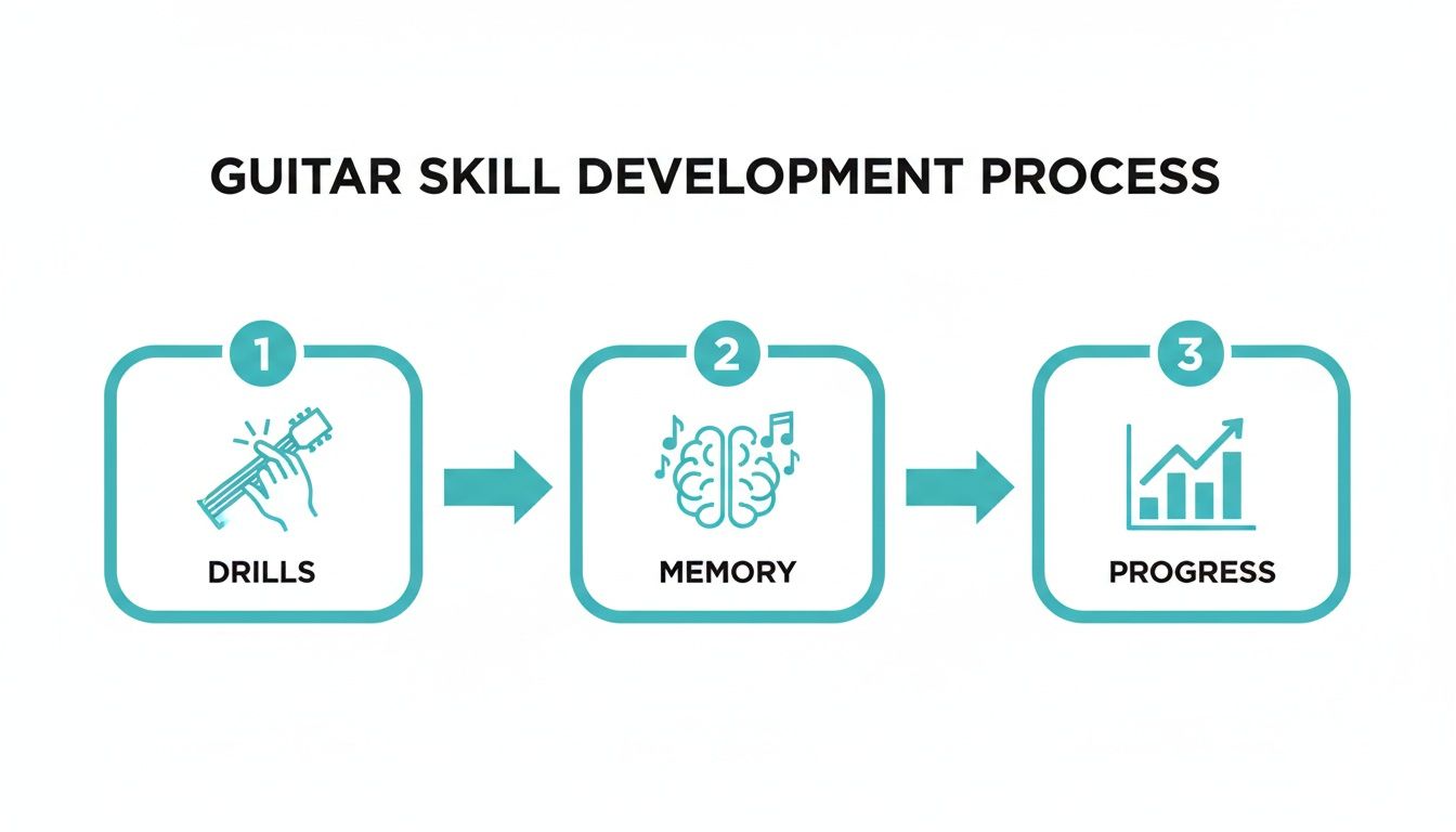A diagram illustrates the guitar skill development process with three steps: drills, memory, and progress.