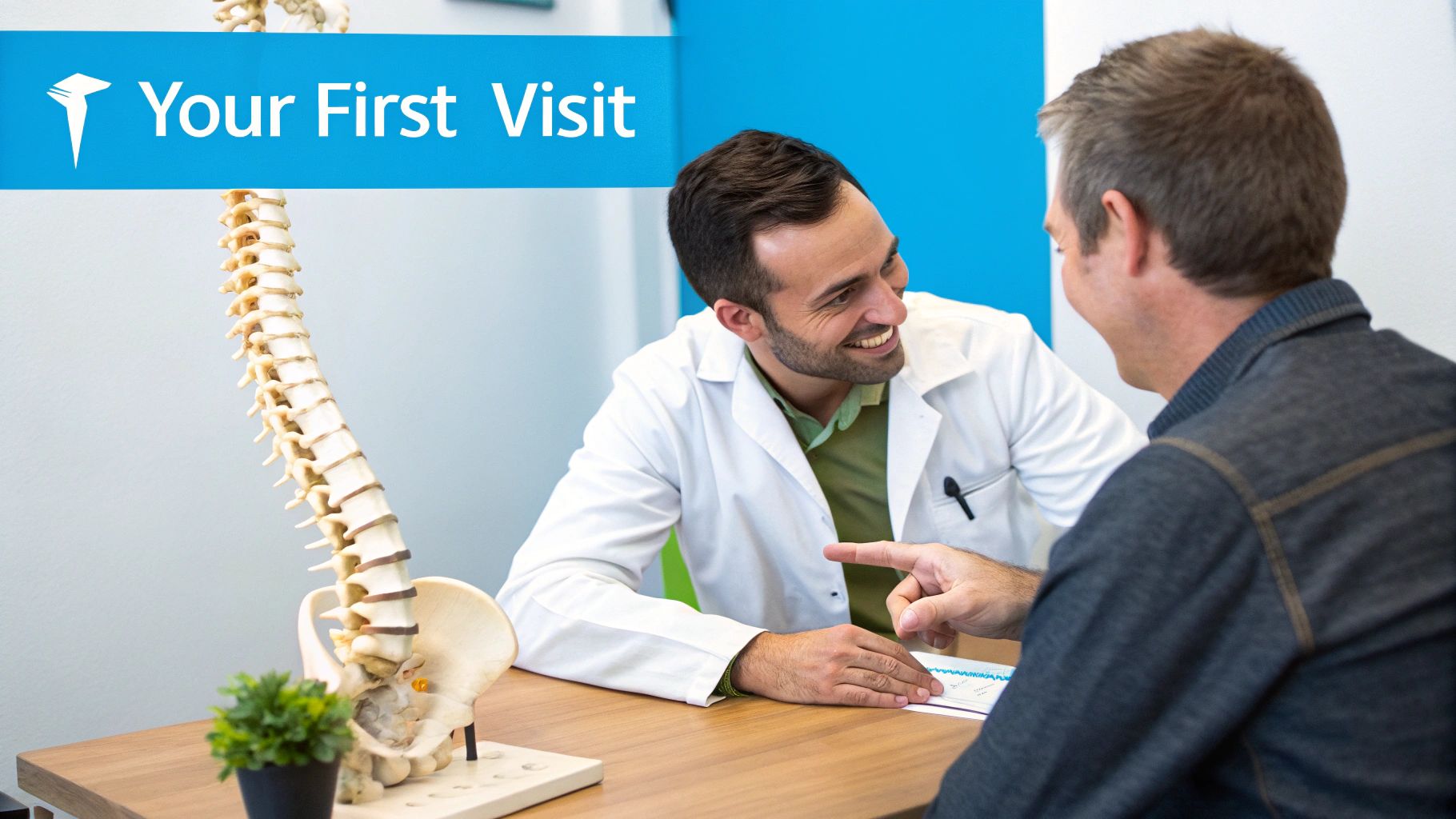 A smiling doctor consults with a patient about spinal health, with a spine model on the desk.