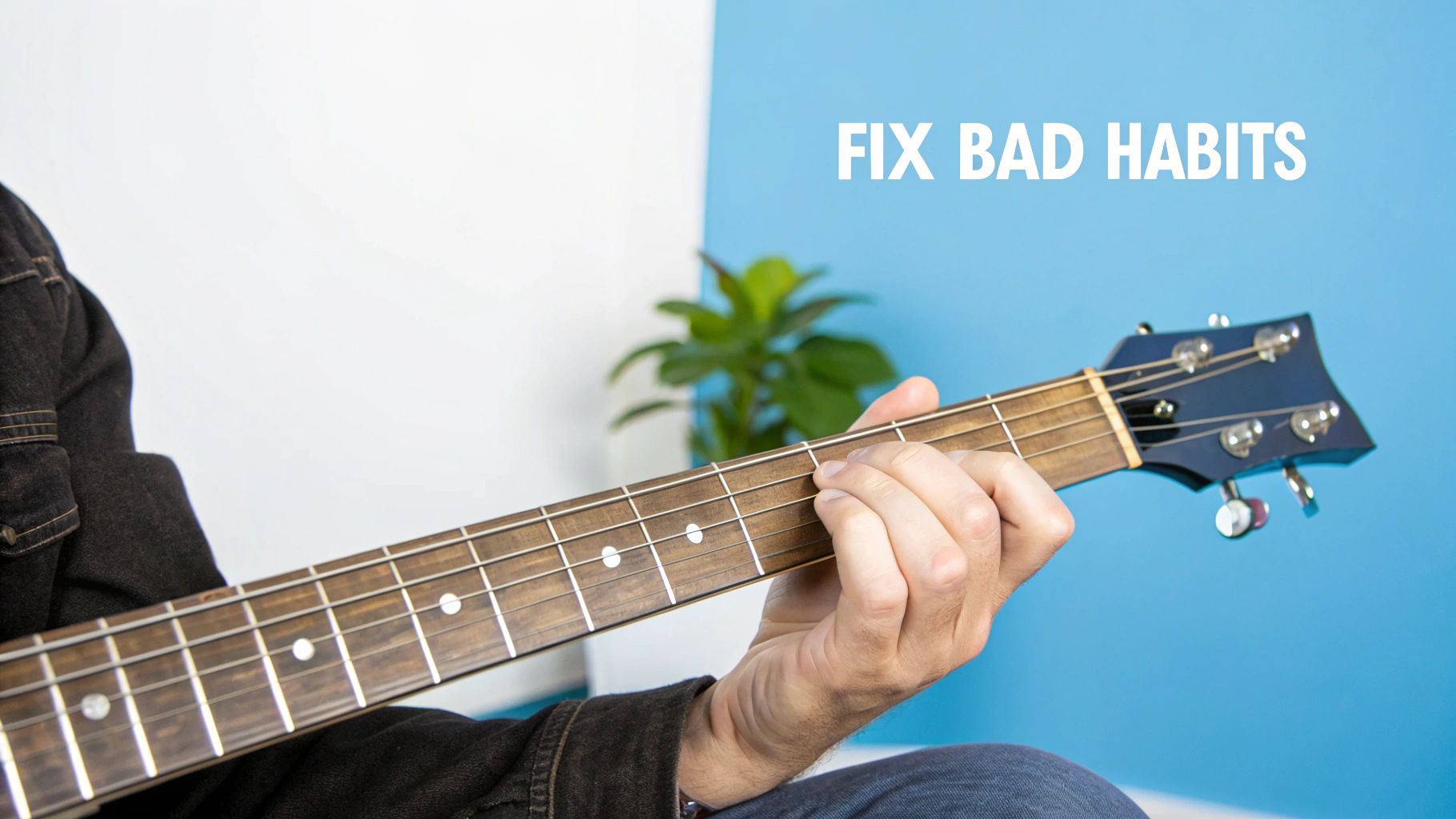 Close-up of a person's hand playing an acoustic guitar, with 'FIX BAD HABITS' text.