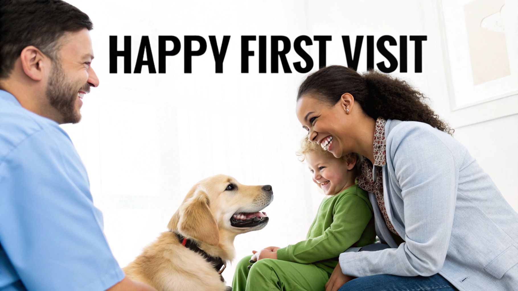 A happy golden retriever puppy with its owner and child during a first vet visit.
