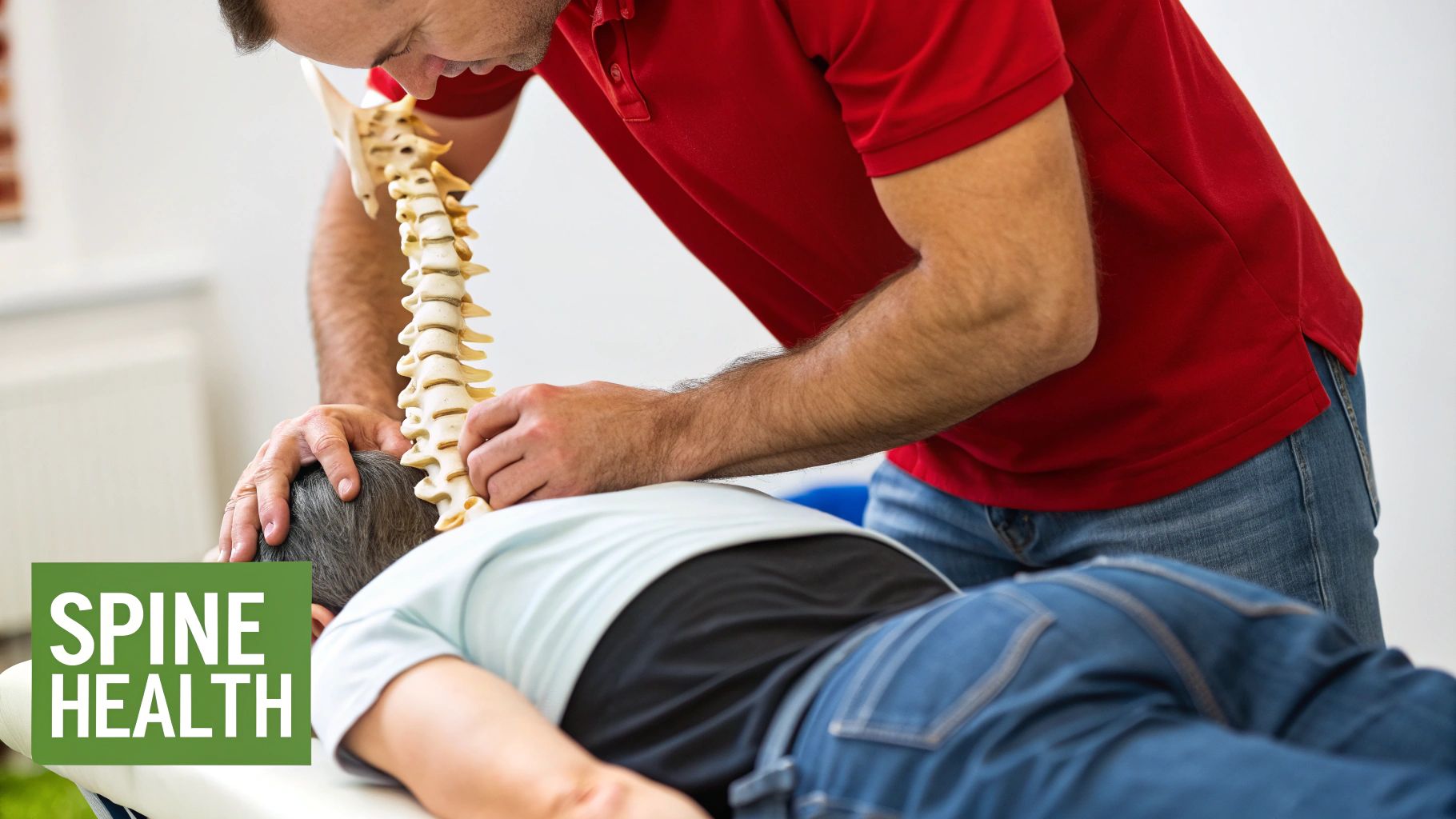 A chiropractor uses a spine model to explain a procedure to a patient during therapy.