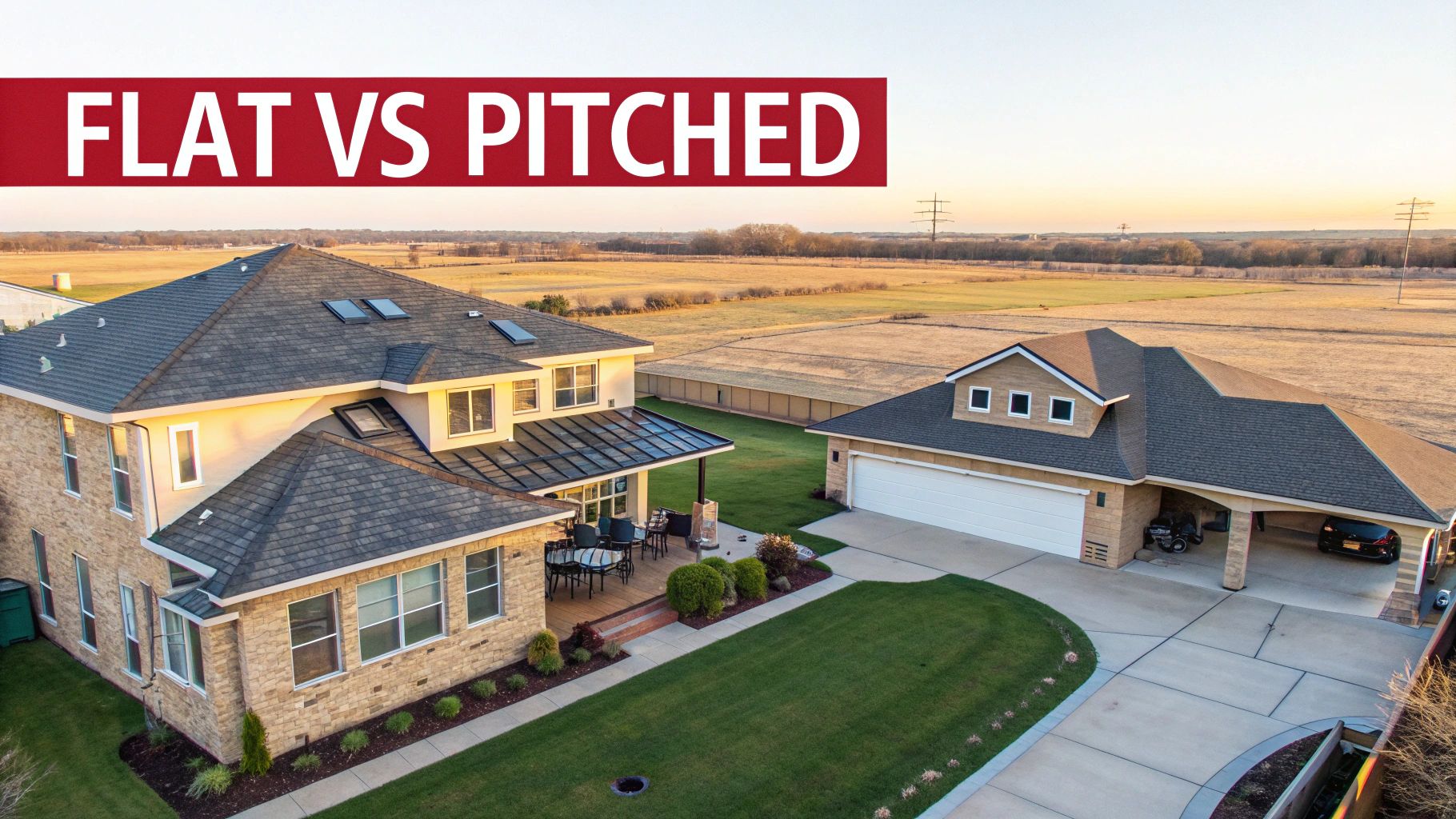 Aerial view of two large homes featuring distinct pitched roofs, green lawns, and a rural background.