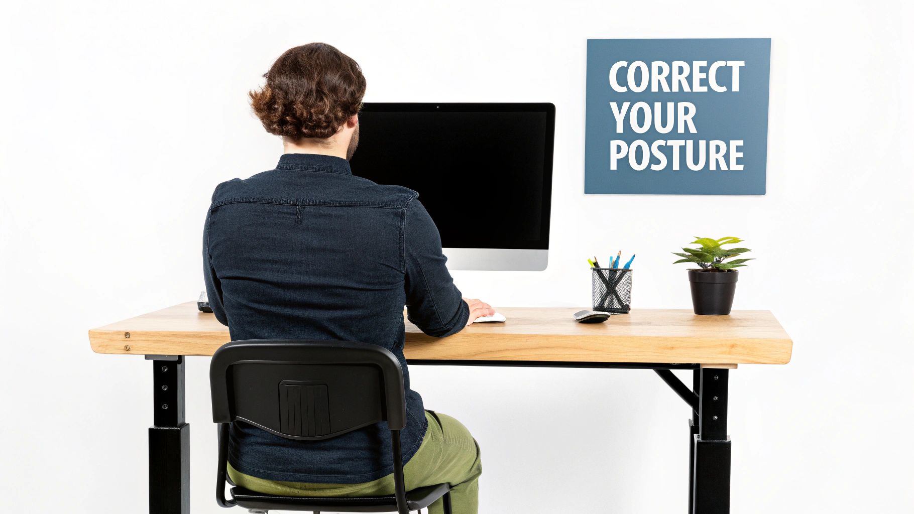 A person works at a computer desk from behind, with a sign encouraging correct posture.
