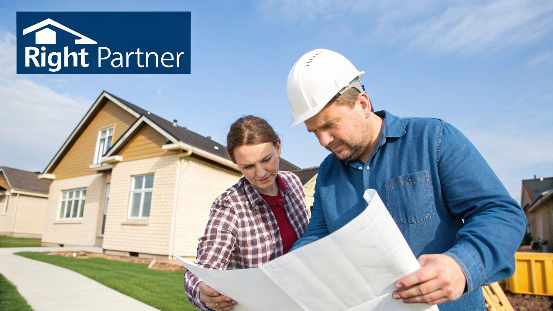 Wheeler Painting and Restoration Services | How to Choose a General Contractor in Puget Sound A man in a hard hat and a woman look at blueprints in front of newly built houses.